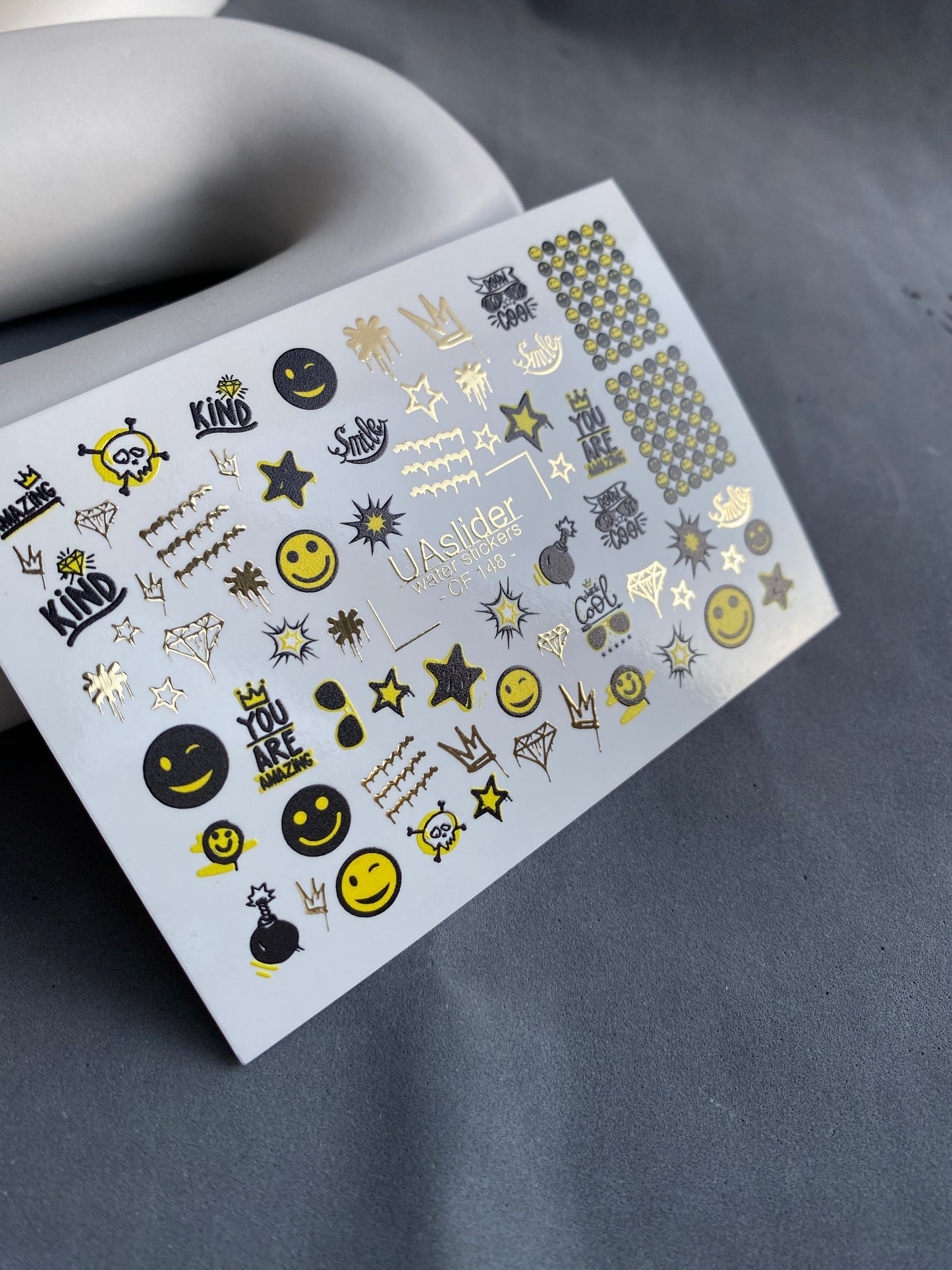 Nail Water Decal CF-148 | Smiley Face Water Slide Nail Decals | Stars, Crowns & Gold Foil Accents