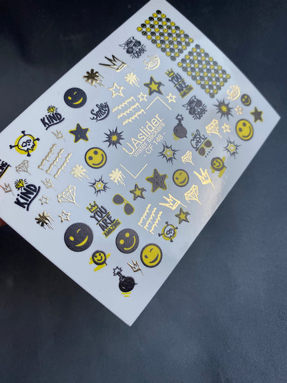 Nail Water Decal CF-148 | Smiley Face Water Slide Nail Decals | Stars, Crowns & Gold Foil Accents