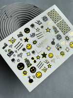 Nail Water Decal CF-148 | Smiley Face Water Slide Nail Decals | Stars, Crowns & Gold Foil Accents - UASLIDER