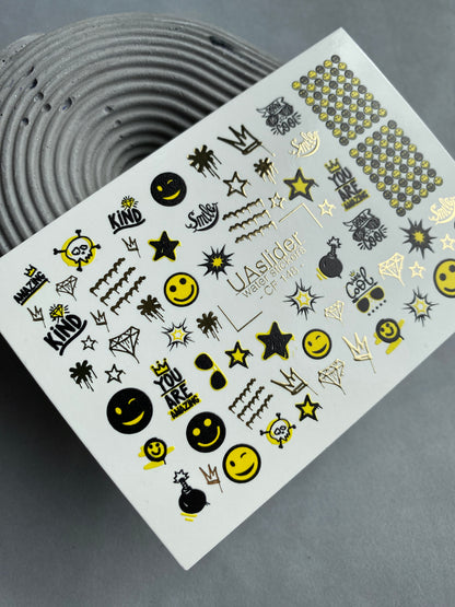 Nail Water Decal CF-148 | Smiley Face Water Slide Nail Decals | Stars, Crowns & Gold Foil Accents