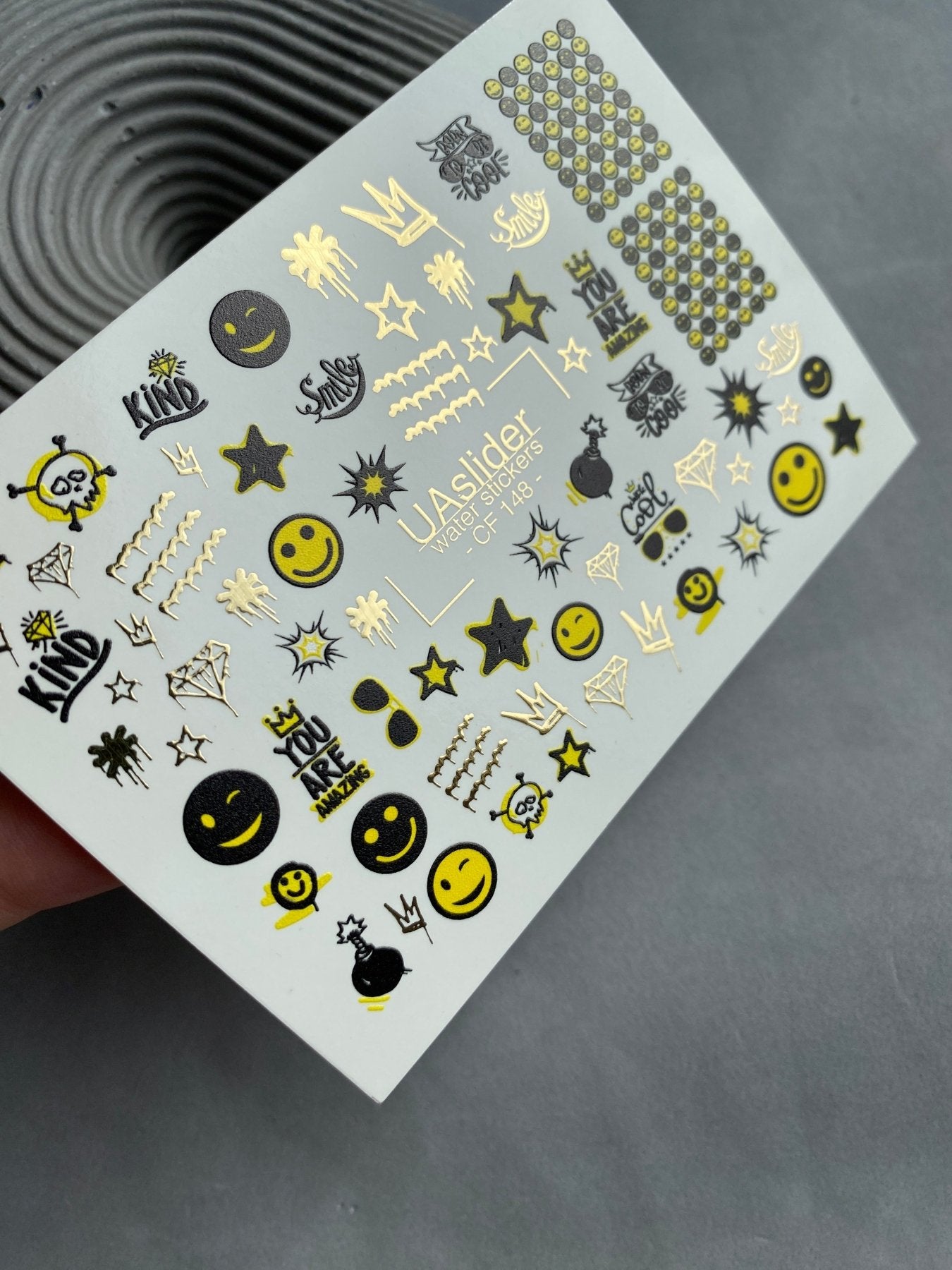 Nail Water Decal CF-148 | Smiley Face Water Slide Nail Decals | Stars, Crowns & Gold Foil Accents - UASLIDER