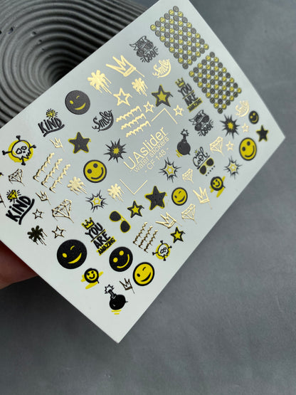 Nail Water Decal CF-148 | Smiley Face Water Slide Nail Decals | Stars, Crowns & Gold Foil Accents