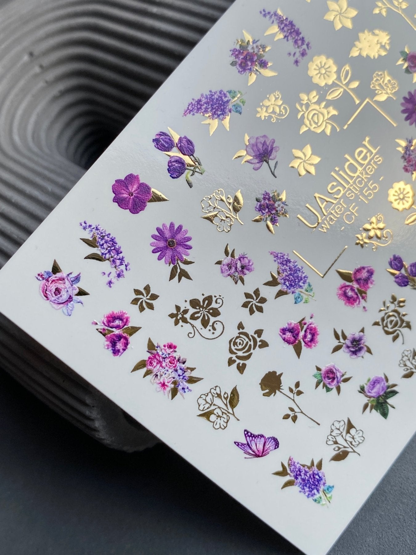 Nail Water Decal CF-155 | Purple Floral Water Slide Nail Decals | Roses, Lavender & Gold Foil Details - UASLIDER