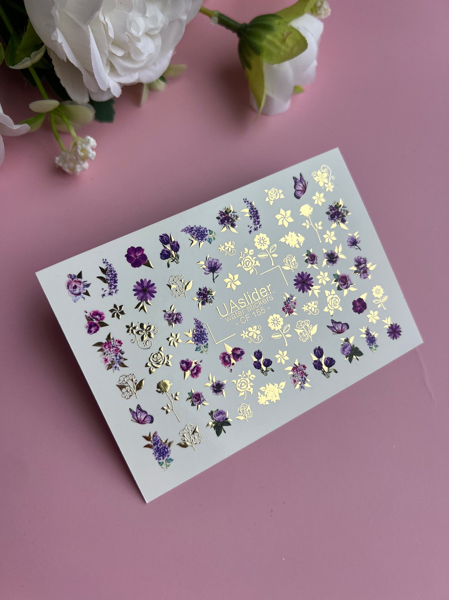 Nail Water Decal CF-155 | Purple Floral Water Slide Nail Decals | Roses, Lavender & Gold Foil Details
