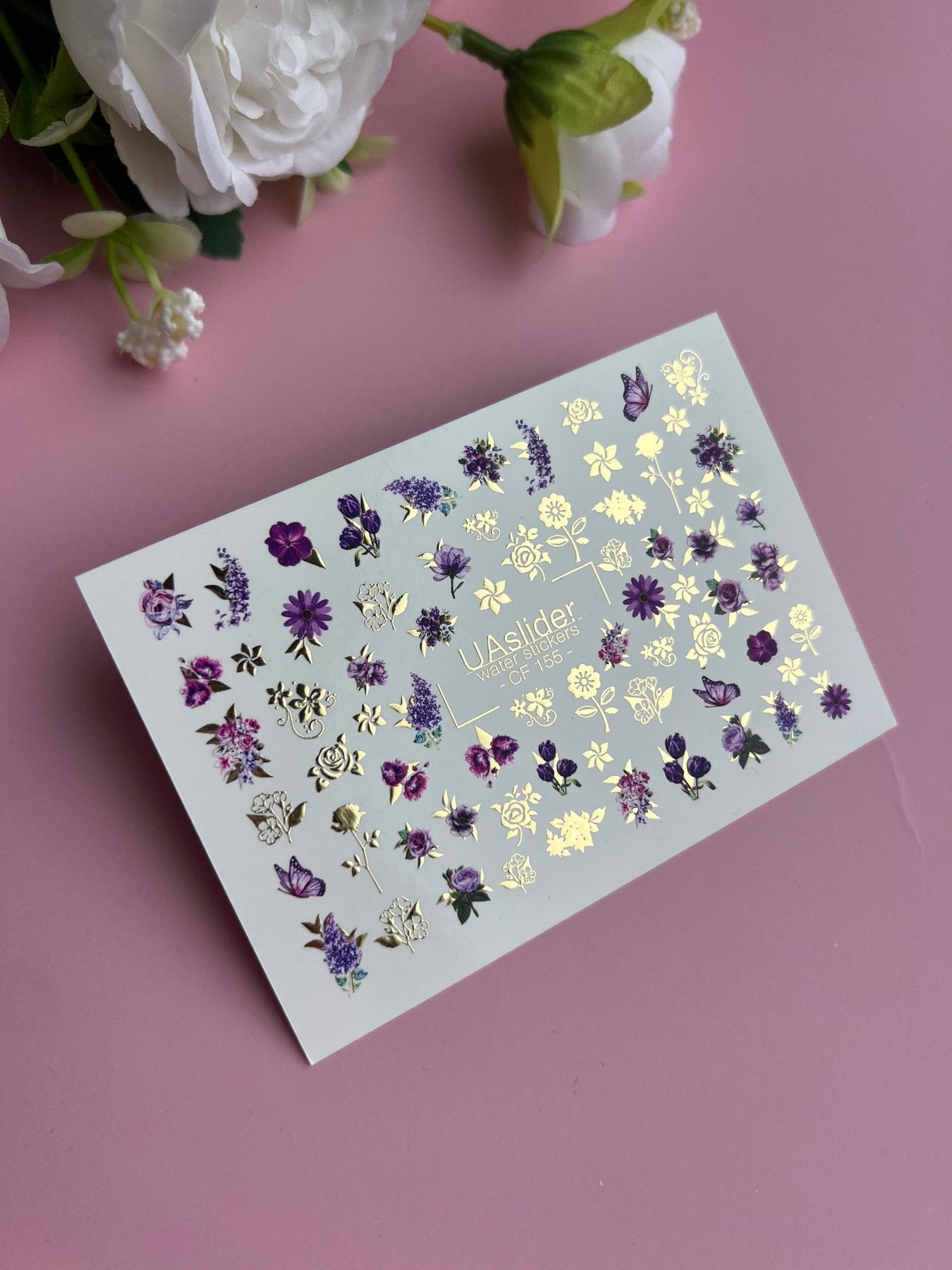 Nail Water Decal CF-155 | Purple Floral Water Slide Nail Decals | Roses, Lavender & Gold Foil Details - UASLIDER