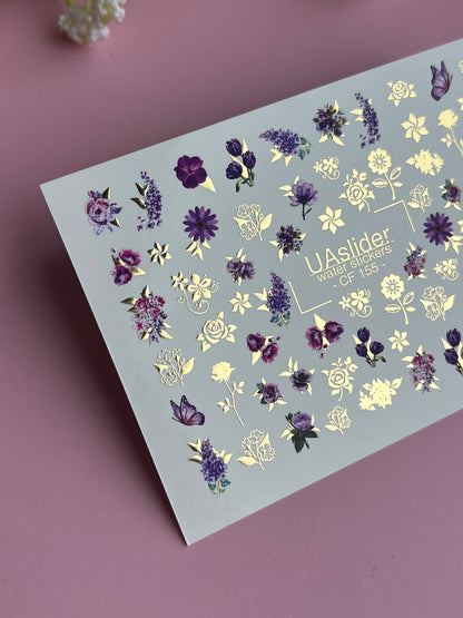 Nail Water Decal CF-155 | Purple Floral Water Slide Nail Decals | Roses, Lavender & Gold Foil Details