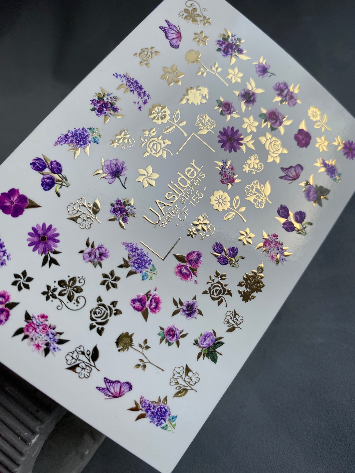 Nail Water Decal CF-155 | Purple Floral Water Slide Nail Decals | Roses, Lavender & Gold Foil Details