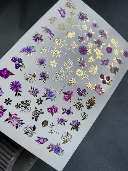 Nail Water Decal CF-155 | Purple Floral Water Slide Nail Decals | Roses, Lavender & Gold Foil Details