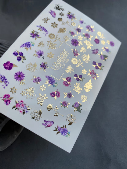 Nail Water Decal CF-155 | Purple Floral Water Slide Nail Decals | Roses, Lavender & Gold Foil Details