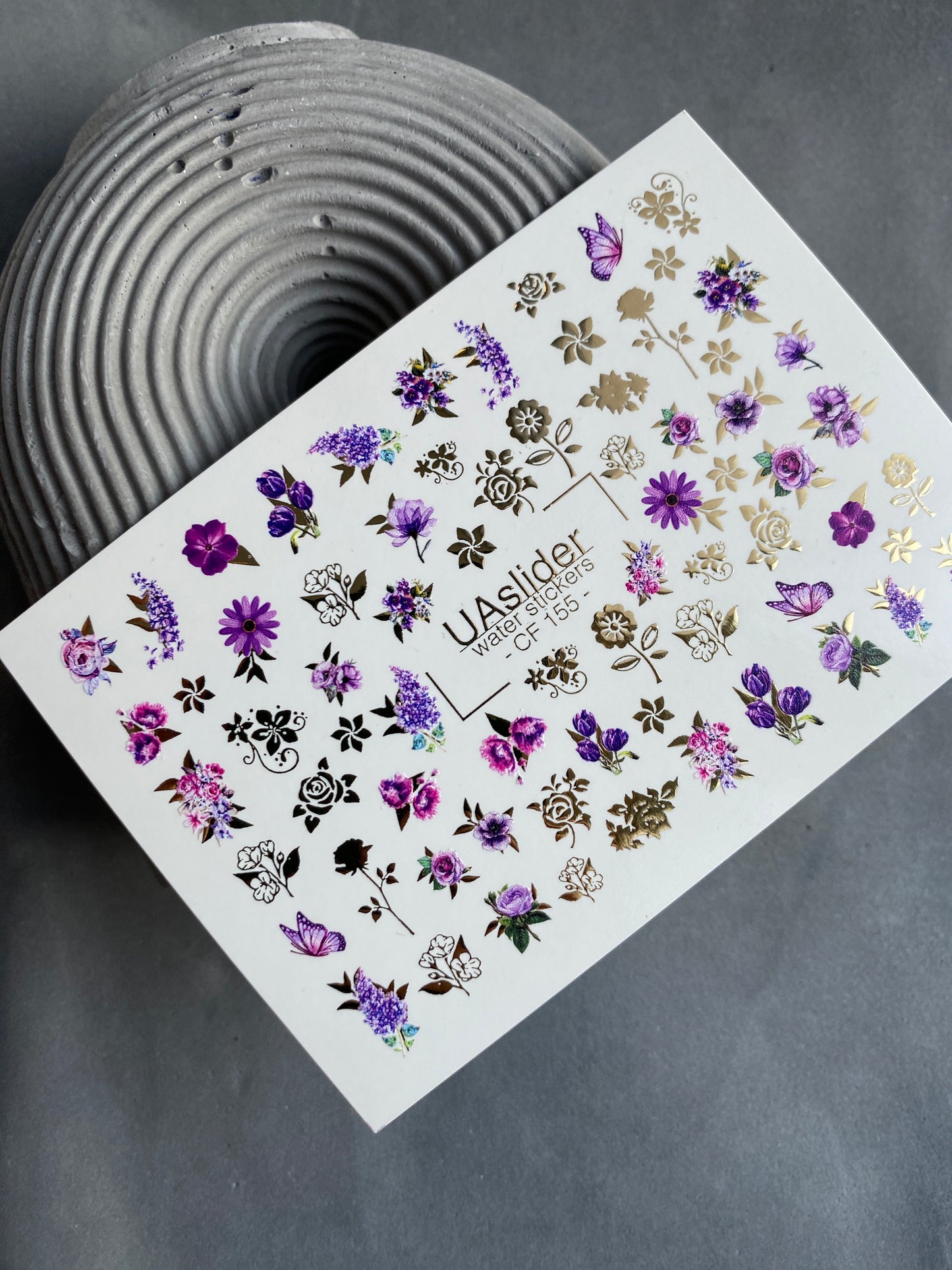 Nail Water Decal CF-155 | Purple Floral Water Slide Nail Decals | Roses, Lavender & Gold Foil Details