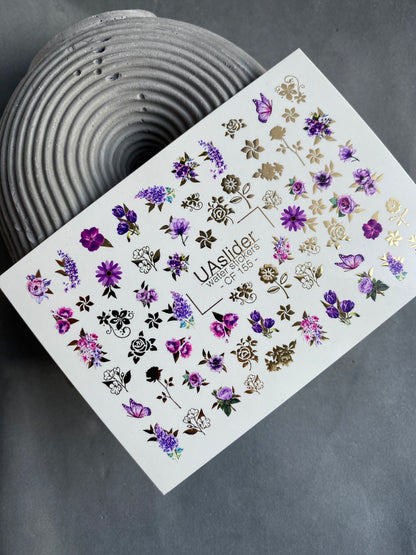 Nail Water Decal CF-155 | Purple Floral Water Slide Nail Decals | Roses, Lavender & Gold Foil Details