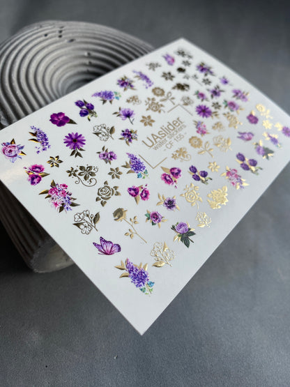 Nail Water Decal CF-155 | Purple Floral Water Slide Nail Decals | Roses, Lavender & Gold Foil Details