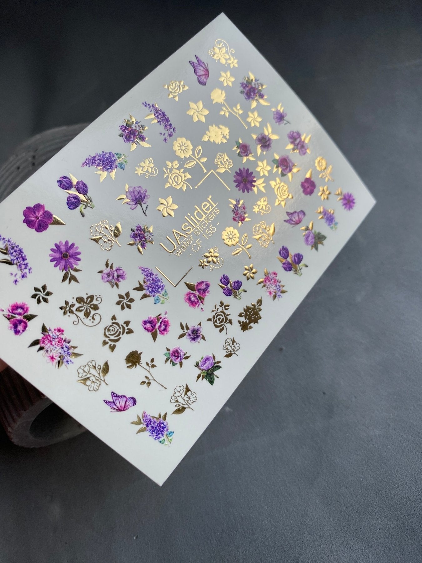 Nail Water Decal CF-155 | Purple Floral Water Slide Nail Decals | Roses, Lavender & Gold Foil Details - UASLIDER