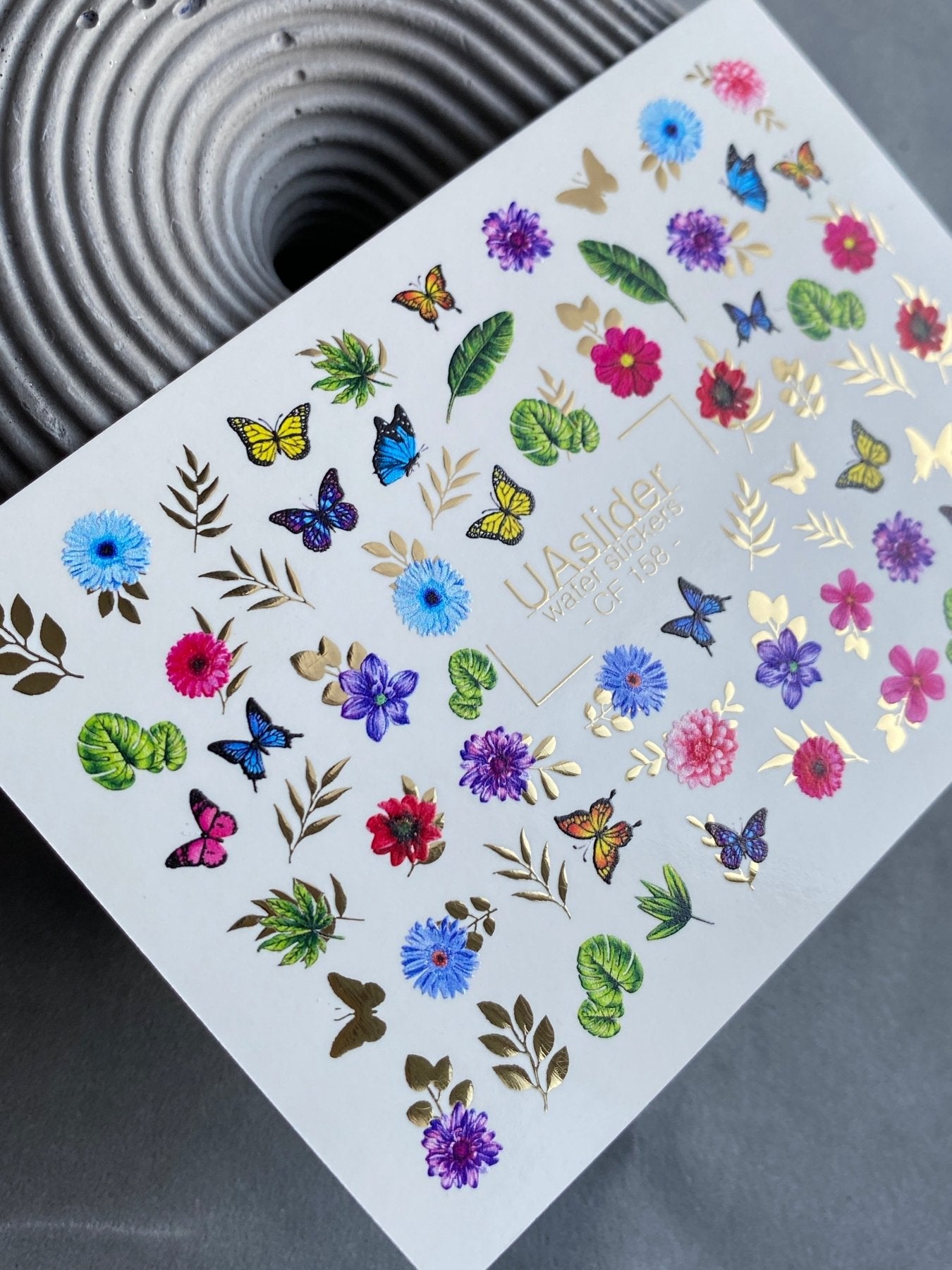 Nail Water Decal CF-158 | Butterfly & Floral Water Slide Nail Decals | Colorful Flowers, Leaves & Gold Foil Accents - UASLIDER