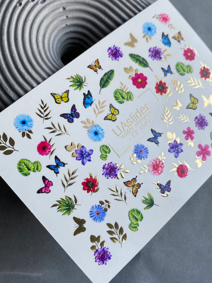 Nail Water Decal CF-158 | Butterfly & Floral Water Slide Nail Decals | Colorful Flowers, Leaves & Gold Foil Accents
