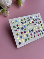 Nail Water Decal CF-158 | Butterfly & Floral Water Slide Nail Decals | Colorful Flowers, Leaves & Gold Foil Accents - UASLIDER