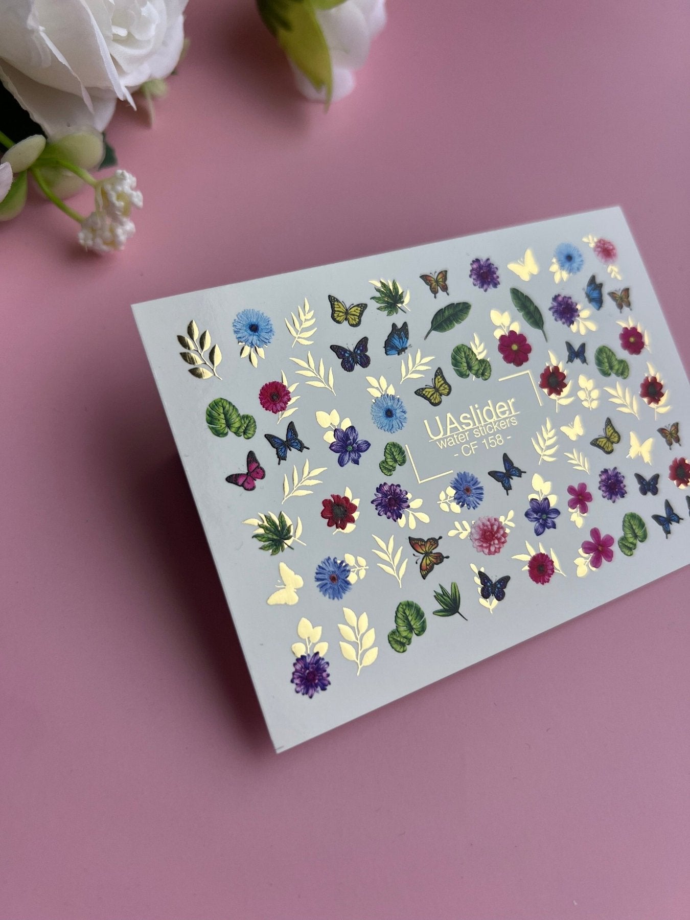 Nail Water Decal CF-158 | Butterfly & Floral Water Slide Nail Decals | Colorful Flowers, Leaves & Gold Foil Accents - UASLIDER