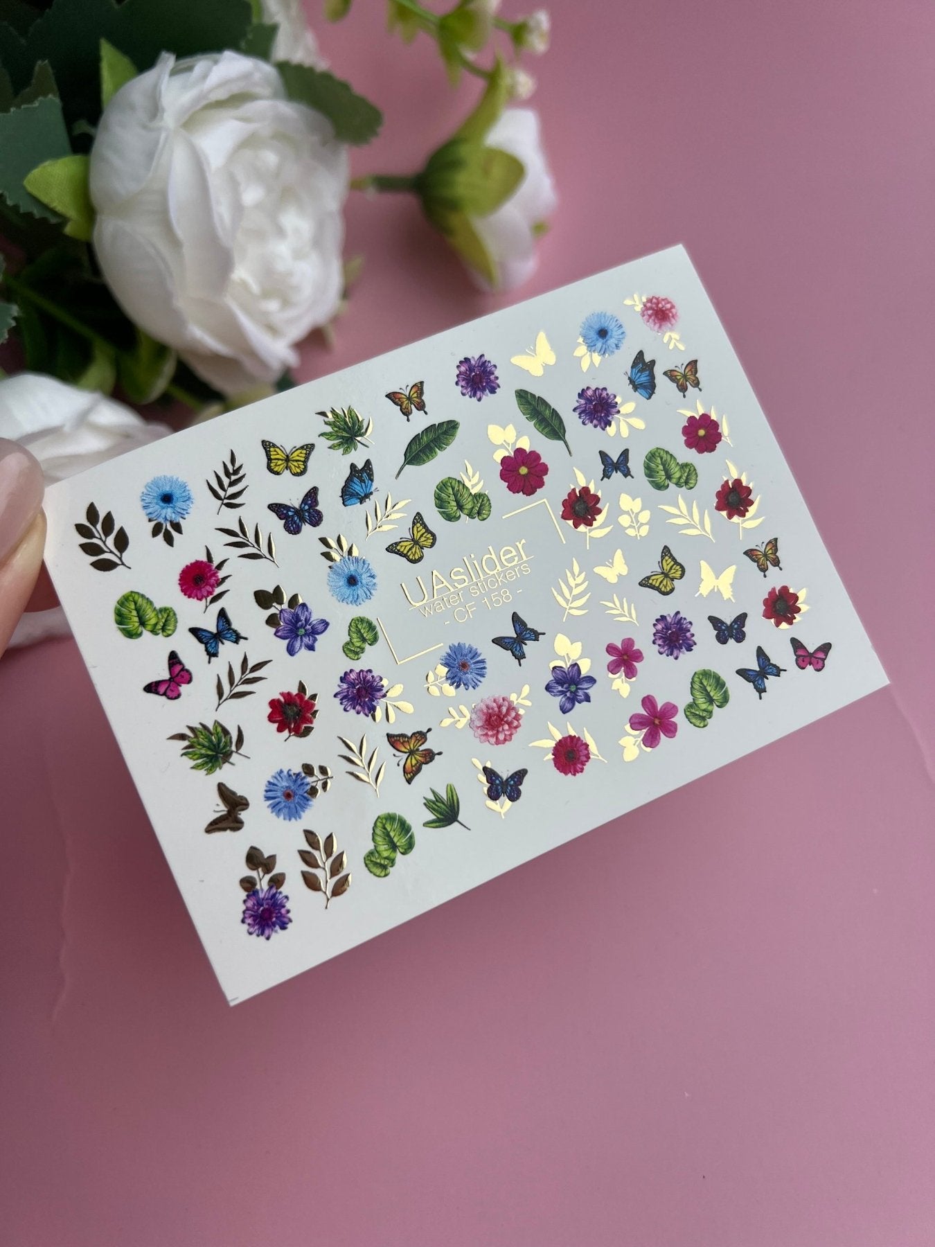 Nail Water Decal CF-158 | Butterfly & Floral Water Slide Nail Decals | Colorful Flowers, Leaves & Gold Foil Accents - UASLIDER