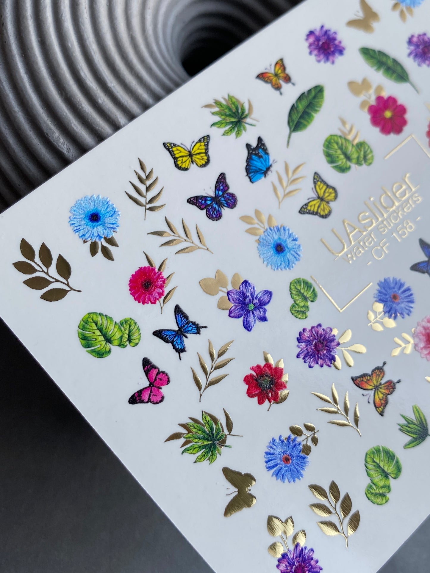 Nail Water Decal CF-158 | Butterfly & Floral Water Slide Nail Decals | Colorful Flowers, Leaves & Gold Foil Accents