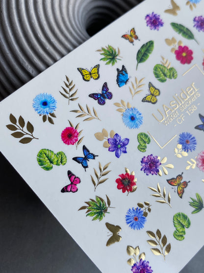 Nail Water Decal CF-158 | Butterfly & Floral Water Slide Nail Decals | Colorful Flowers, Leaves & Gold Foil Accents
