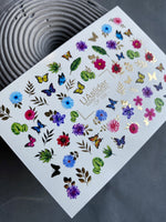 Nail Water Decal CF-158 | Butterfly & Floral Water Slide Nail Decals | Colorful Flowers, Leaves & Gold Foil Accents - UASLIDER