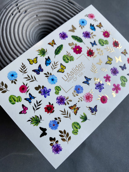 Nail Water Decal CF-158 | Butterfly & Floral Water Slide Nail Decals | Colorful Flowers, Leaves & Gold Foil Accents