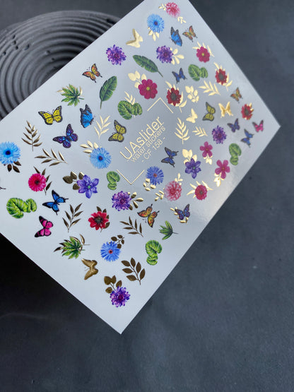 Nail Water Decal CF-158 | Butterfly & Floral Water Slide Nail Decals | Colorful Flowers, Leaves & Gold Foil Accents