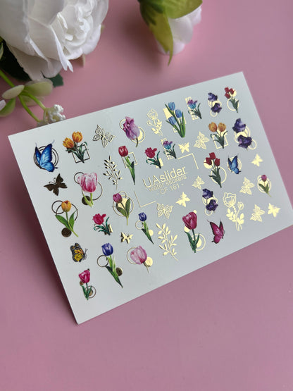 Nail Water Decal CF-161 | Tulip Water Slide Nail Decals | Colorful Flowers, Butterflies & Gold Foil Accents