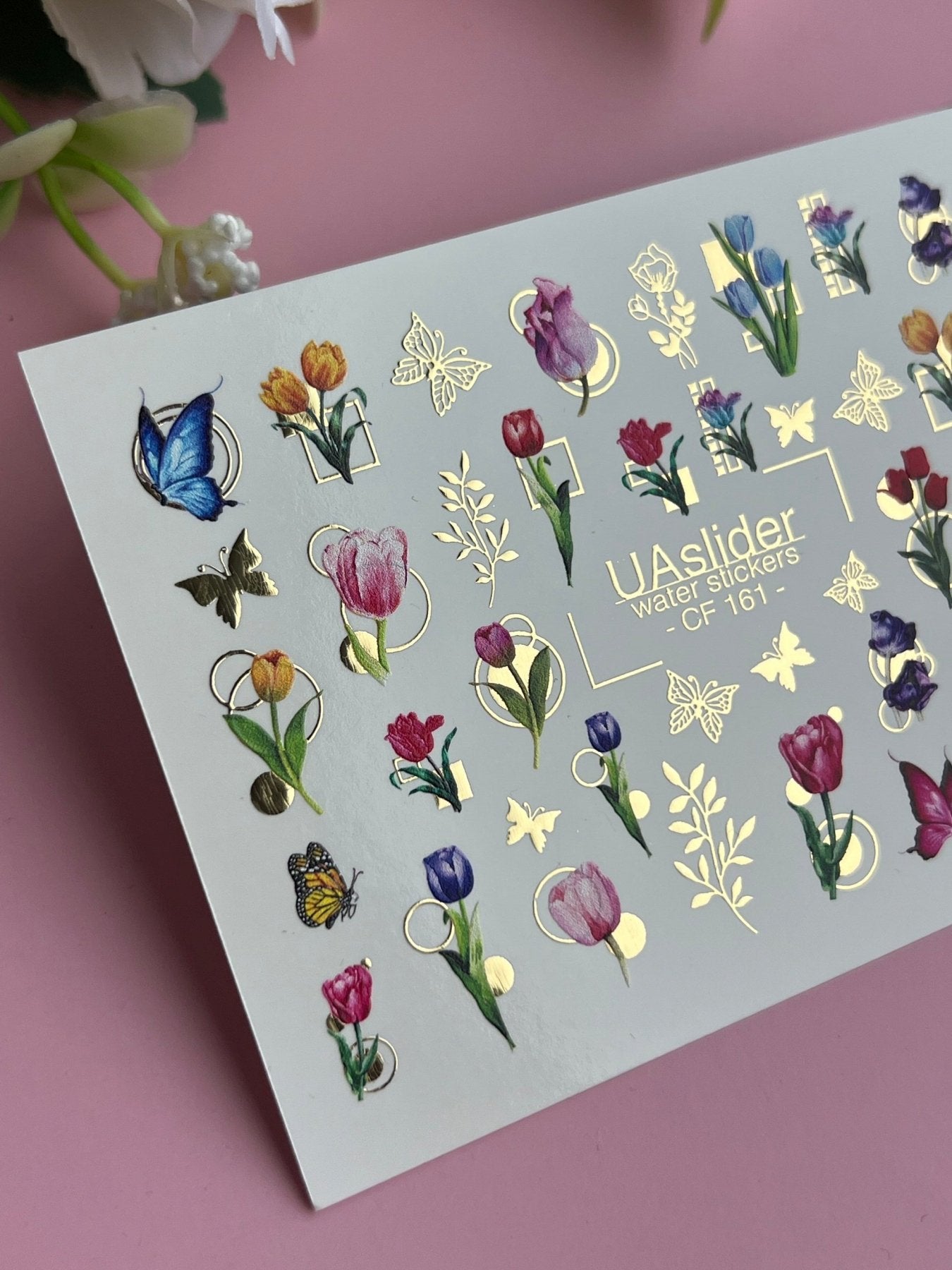 Nail Water Decal CF-161 | Tulip Water Slide Nail Decals | Colorful Flowers, Butterflies & Gold Foil Accents - UASLIDER