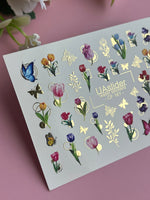 Nail Water Decal CF-161 | Tulip Water Slide Nail Decals | Colorful Flowers, Butterflies & Gold Foil Accents - UASLIDER
