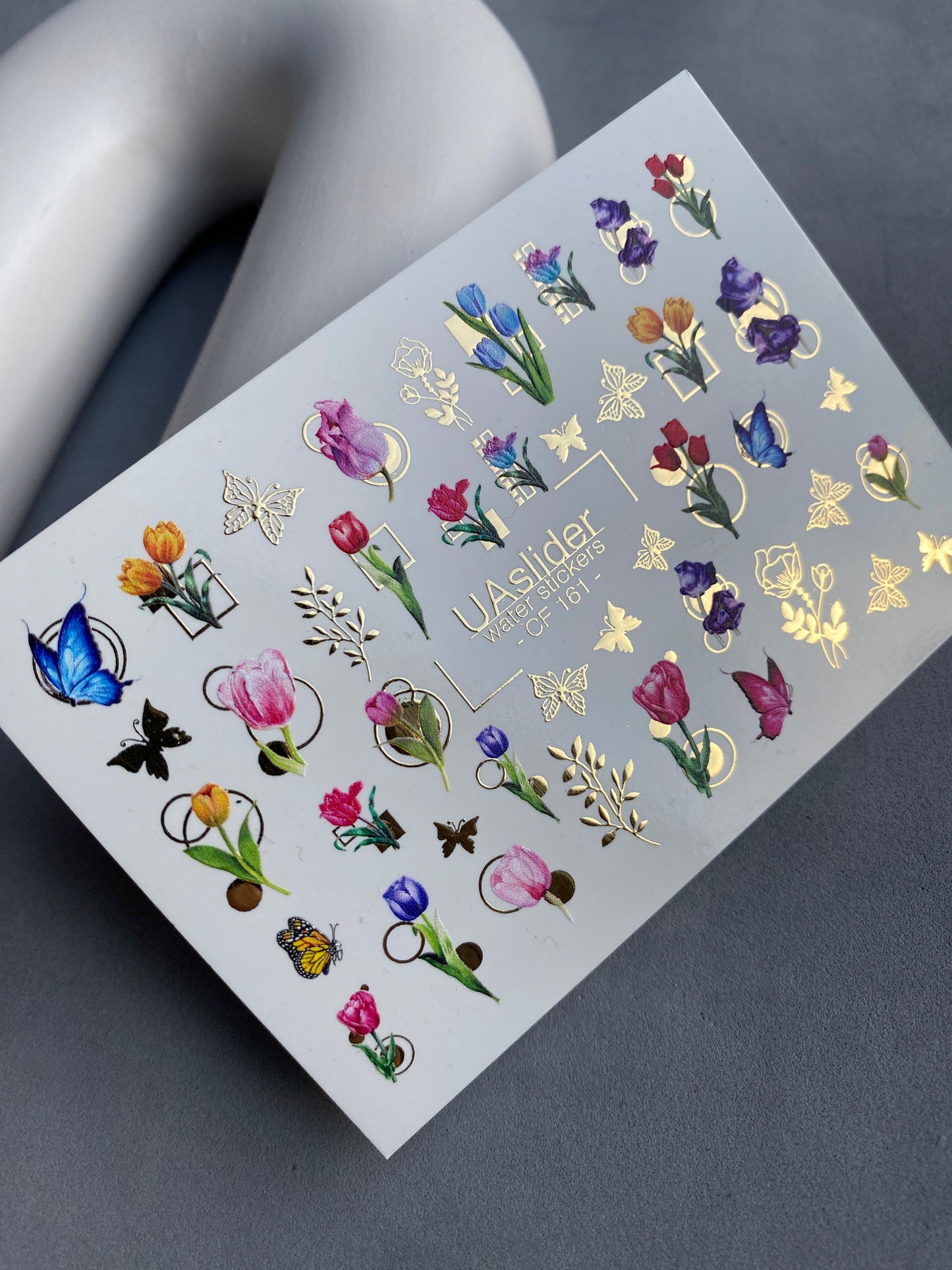 Nail Water Decal CF-161 | Tulip Water Slide Nail Decals | Colorful Flowers, Butterflies & Gold Foil Accents