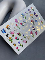 Nail Water Decal CF-161 | Tulip Water Slide Nail Decals | Colorful Flowers, Butterflies & Gold Foil Accents - UASLIDER