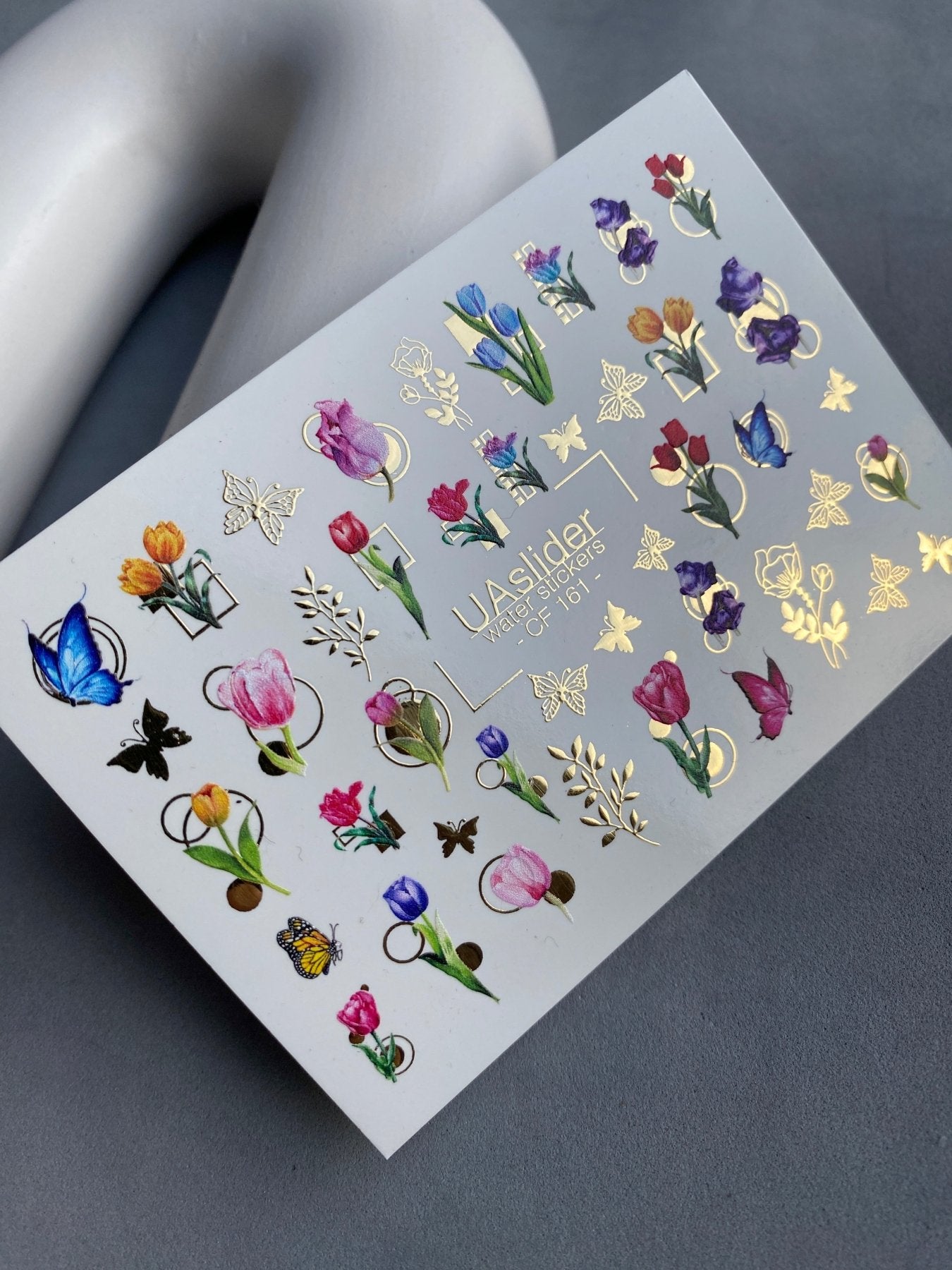 Nail Water Decal CF-161 | Tulip Water Slide Nail Decals | Colorful Flowers, Butterflies & Gold Foil Accents - UASLIDER