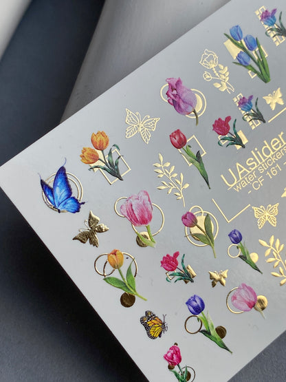 Nail Water Decal CF-161 | Tulip Water Slide Nail Decals | Colorful Flowers, Butterflies & Gold Foil Accents