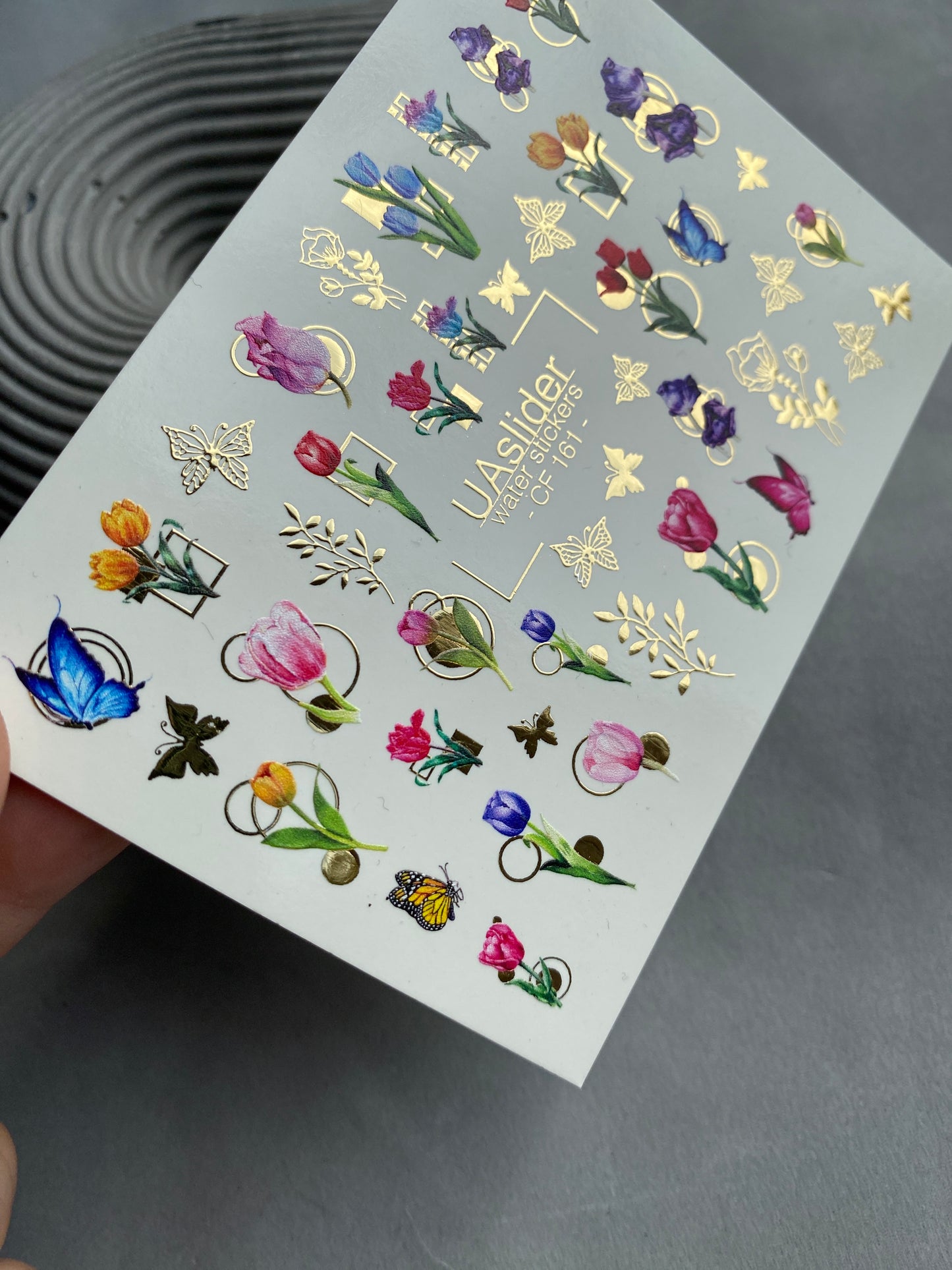 Nail Water Decal CF-161 | Tulip Water Slide Nail Decals | Colorful Flowers, Butterflies & Gold Foil Accents