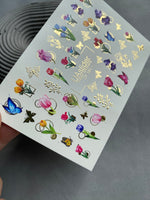 Nail Water Decal CF-161 | Tulip Water Slide Nail Decals | Colorful Flowers, Butterflies & Gold Foil Accents - UASLIDER