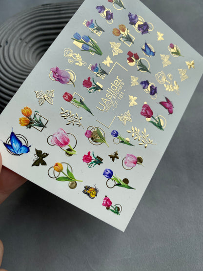 Nail Water Decal CF-161 | Tulip Water Slide Nail Decals | Colorful Flowers, Butterflies & Gold Foil Accents