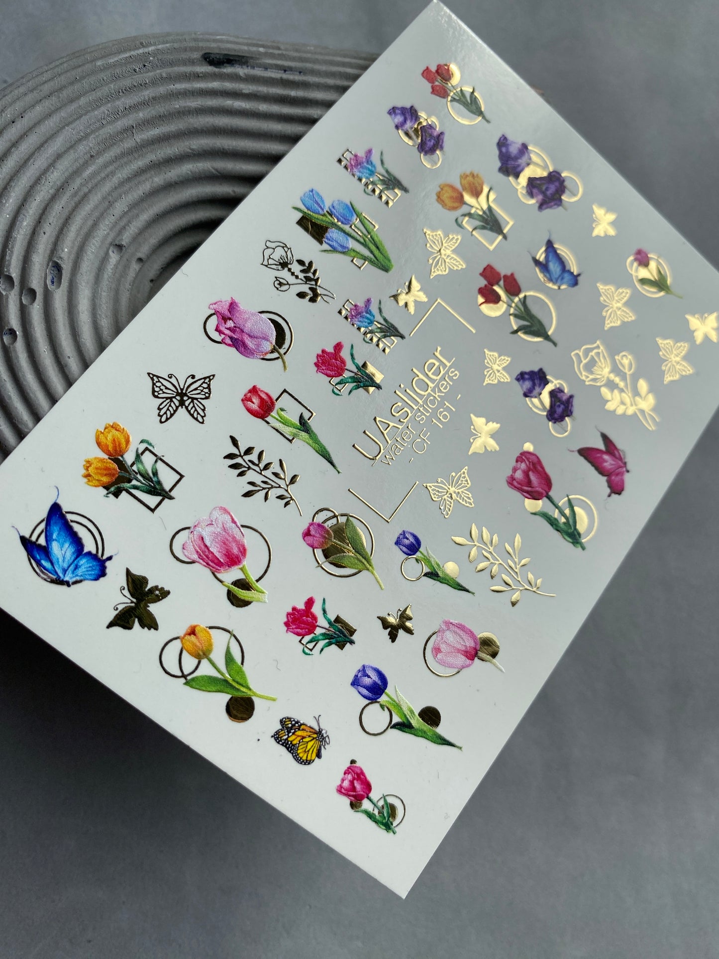 Nail Water Decal CF-161 | Tulip Water Slide Nail Decals | Colorful Flowers, Butterflies & Gold Foil Accents