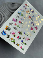 Nail Water Decal CF-161 | Tulip Water Slide Nail Decals | Colorful Flowers, Butterflies & Gold Foil Accents - UASLIDER