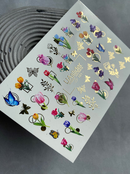 Nail Water Decal CF-161 | Tulip Water Slide Nail Decals | Colorful Flowers, Butterflies & Gold Foil Accents