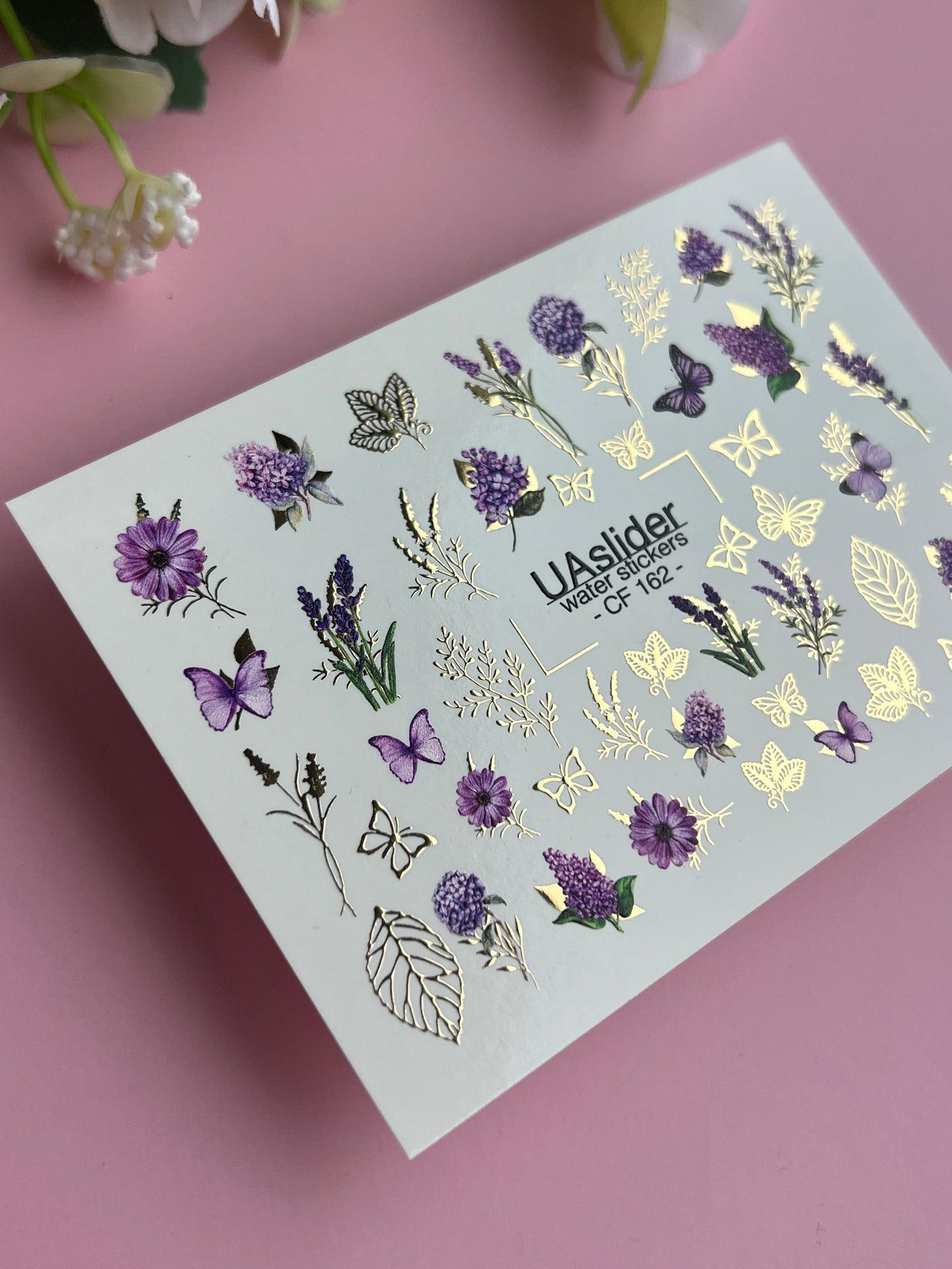 Nail Water Decal CF-162 | Lavender Water Slide Nail Decals | Purple Flowers, Butterflies & Gold Foil Leaves