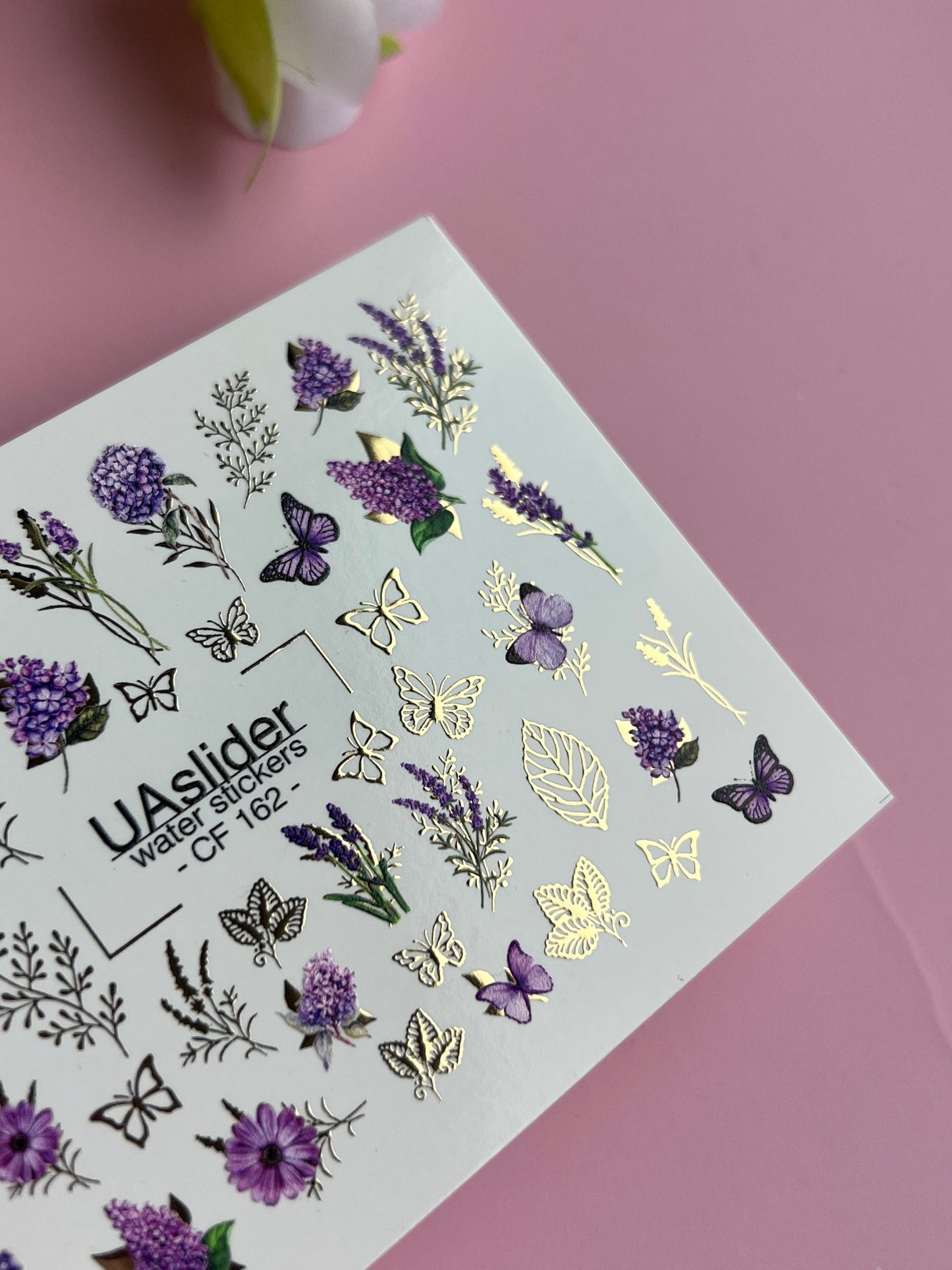 Nail Water Decal CF-162 | Lavender Water Slide Nail Decals | Purple Flowers, Butterflies & Gold Foil Leaves