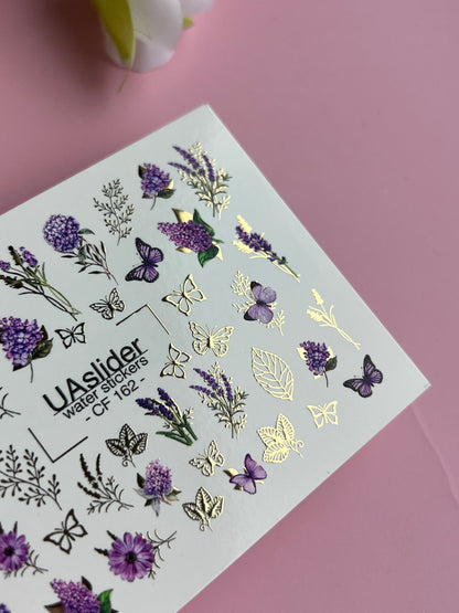 Nail Water Decal CF-162 | Lavender Water Slide Nail Decals | Purple Flowers, Butterflies & Gold Foil Leaves