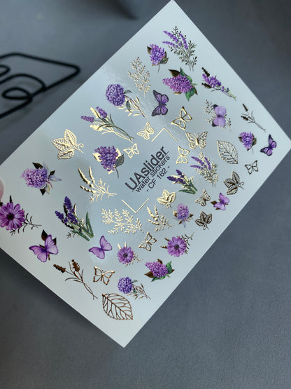 Nail Water Decal CF-162 | Lavender Water Slide Nail Decals | Purple Flowers, Butterflies & Gold Foil Leaves
