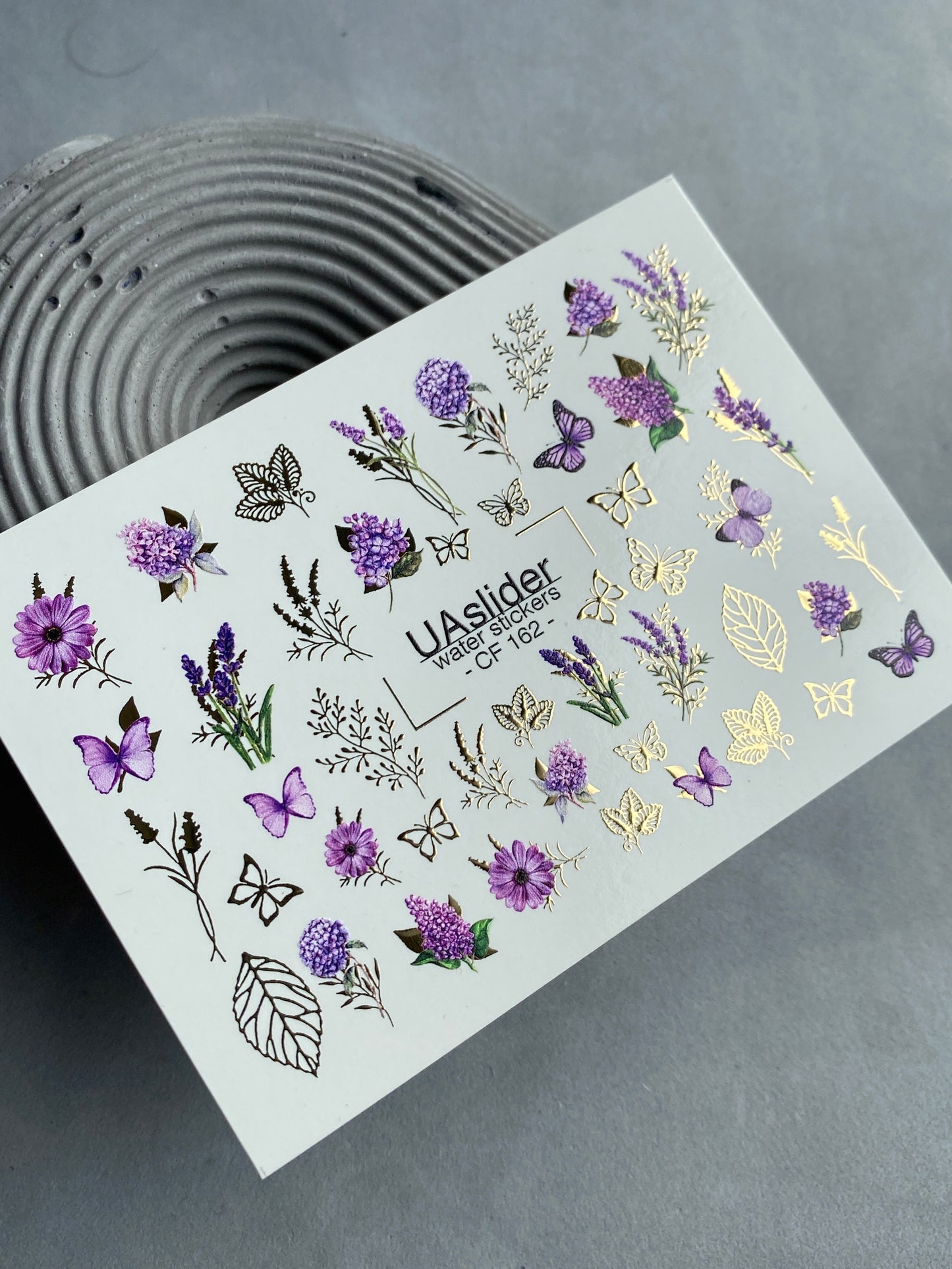Nail Water Decal CF-162 | Lavender Water Slide Nail Decals | Purple Flowers, Butterflies & Gold Foil Leaves