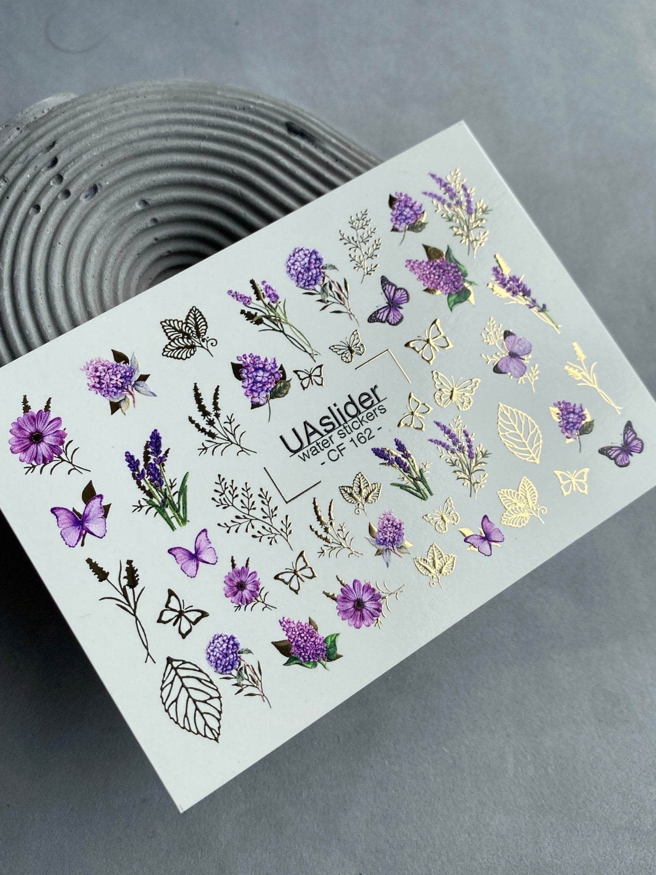 Nail Water Decal CF-162 | Lavender Water Slide Nail Decals | Purple Flowers, Butterflies & Gold Foil Leaves - UASLIDER