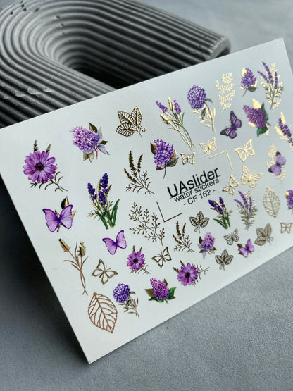 Nail Water Decal CF-162 | Lavender Water Slide Nail Decals | Purple Flowers, Butterflies & Gold Foil Leaves