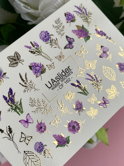 Nail Water Decal CF-162 | Lavender Water Slide Nail Decals | Purple Flowers, Butterflies & Gold Foil Leaves