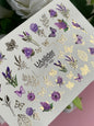 Nail Water Decal CF-162 | Lavender Water Slide Nail Decals | Purple Flowers, Butterflies & Gold Foil Leaves