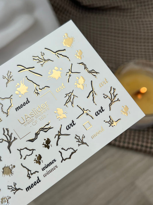 Nail Water Decal CF-163 | Abstract Nail Art Water Decals | Gold Branches, Ink Splashes & Minimalist Words